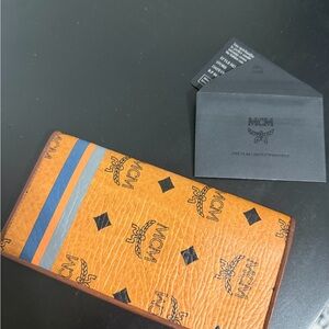 MCM Cognac Visetos Continental Wallet with Blue and Gray Stripe